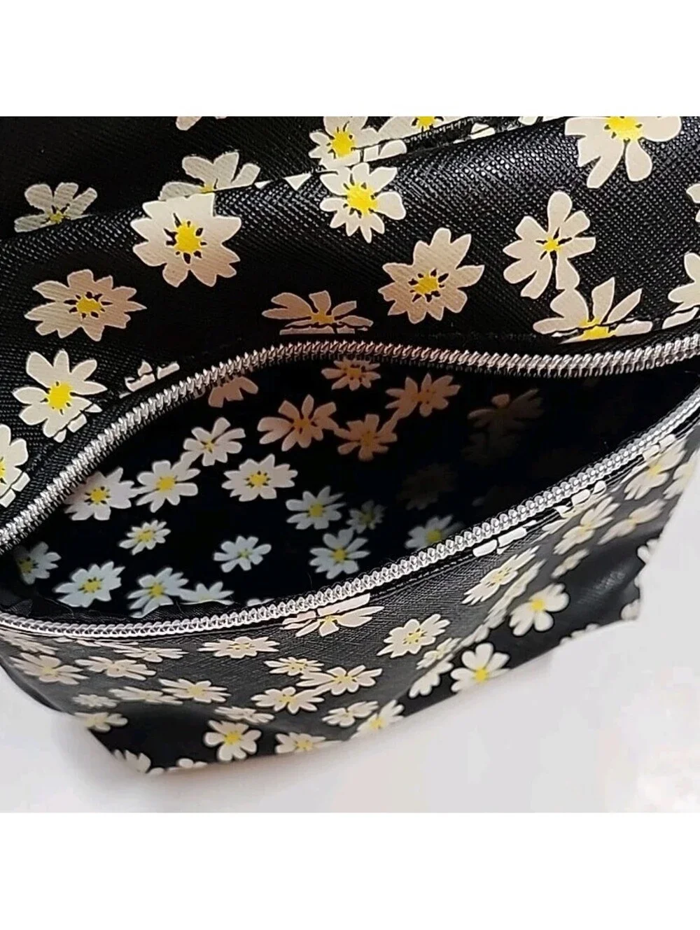 Justice mini backpack Black With Daisy, Approx 10x8, Zip Closure With Front Pock